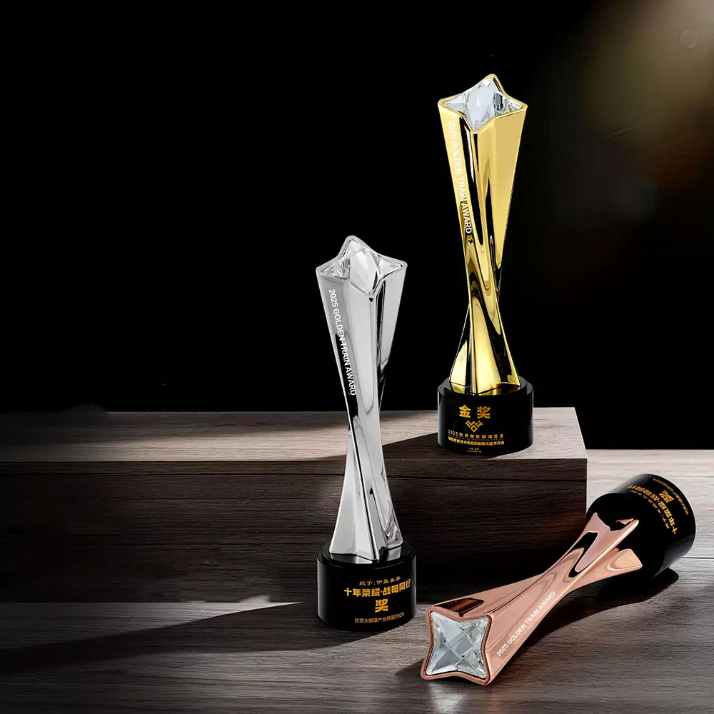 创意金属奖杯水晶底座 企业赛事颁奖纪念奖杯可定制 - metal trophy black base set